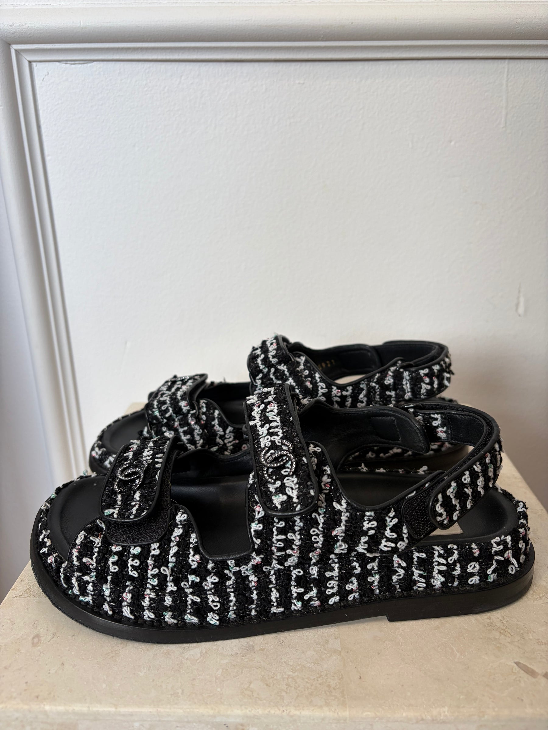 Chanel Black And White Tweed Dad Sandals, 37C