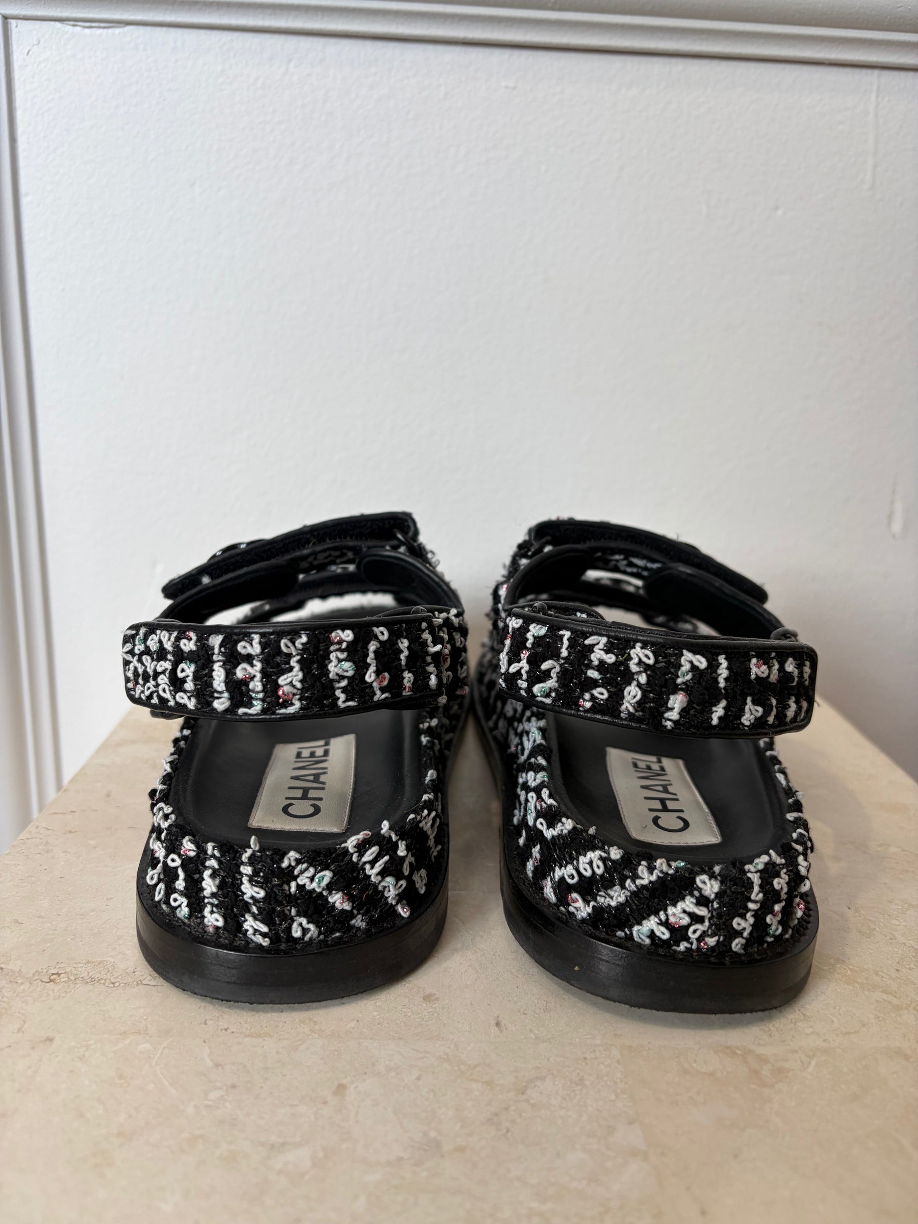 Chanel Black And White Tweed Dad Sandals, 37C