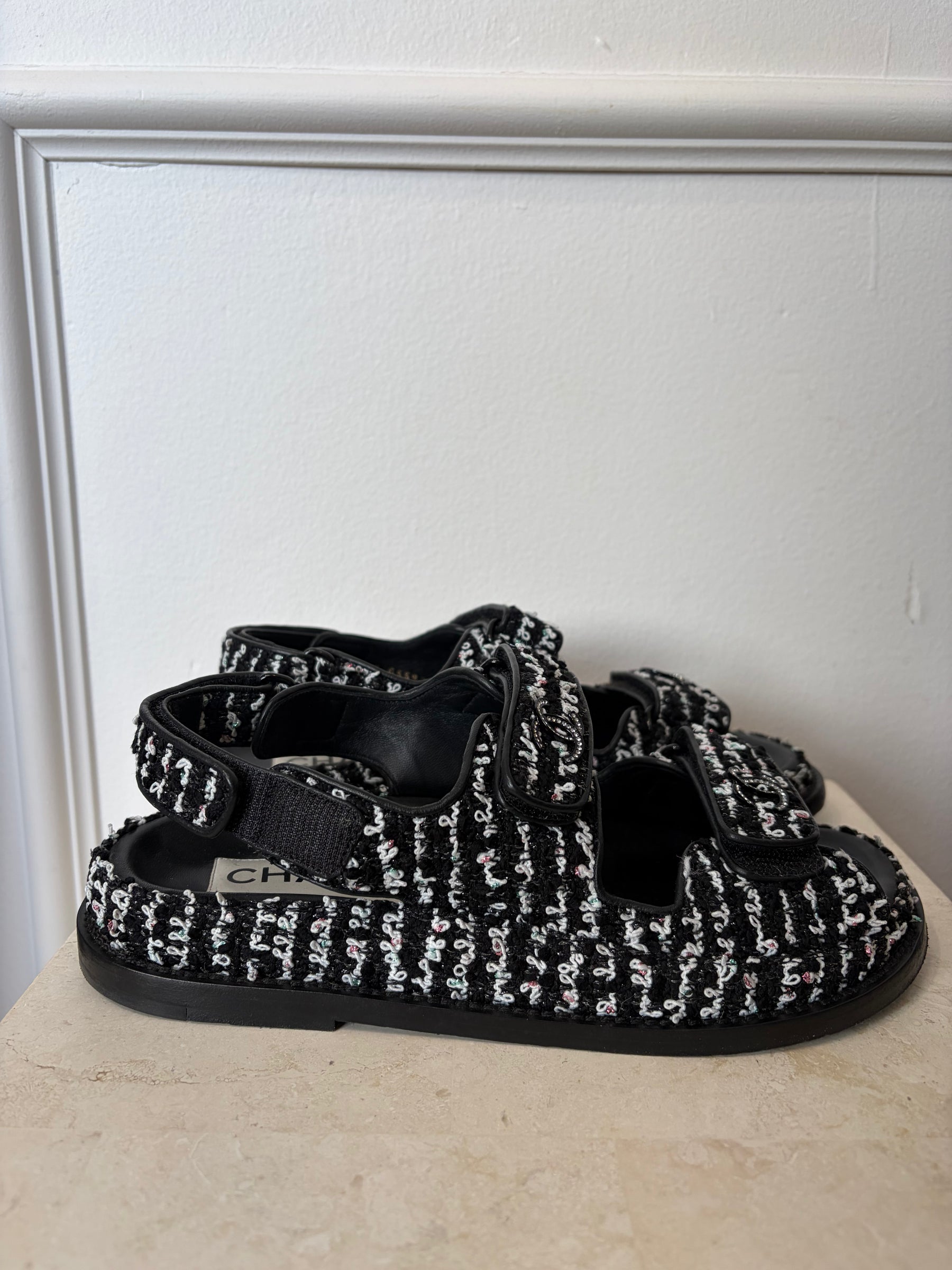 Chanel Black And White Tweed Dad Sandals, 37C