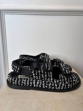 Chanel Black And White Tweed Dad Sandals, 37C