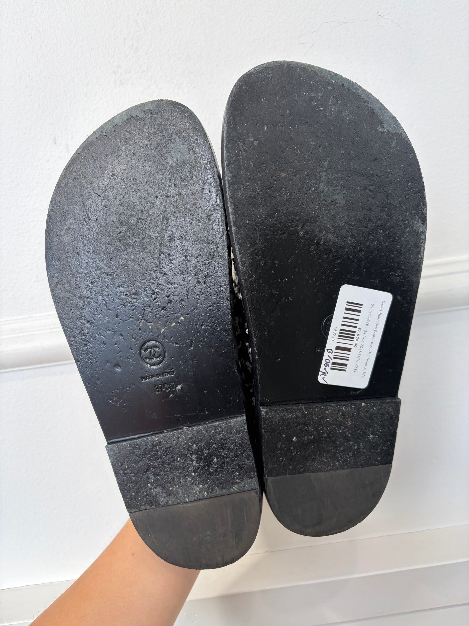 Chanel Black And White Tweed Dad Sandals, 37C