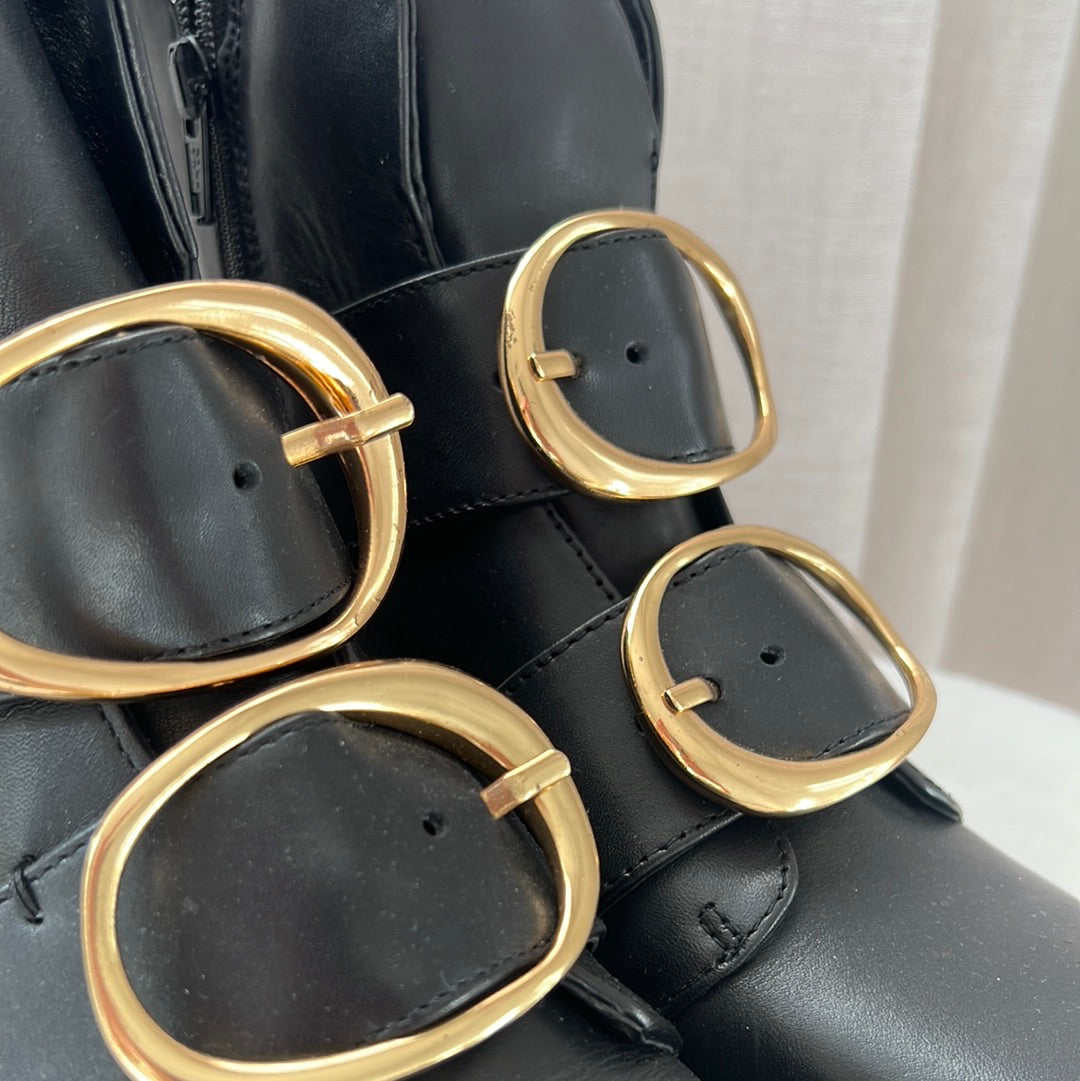 Maje Black Boots with Gold Ring Buckles, 37