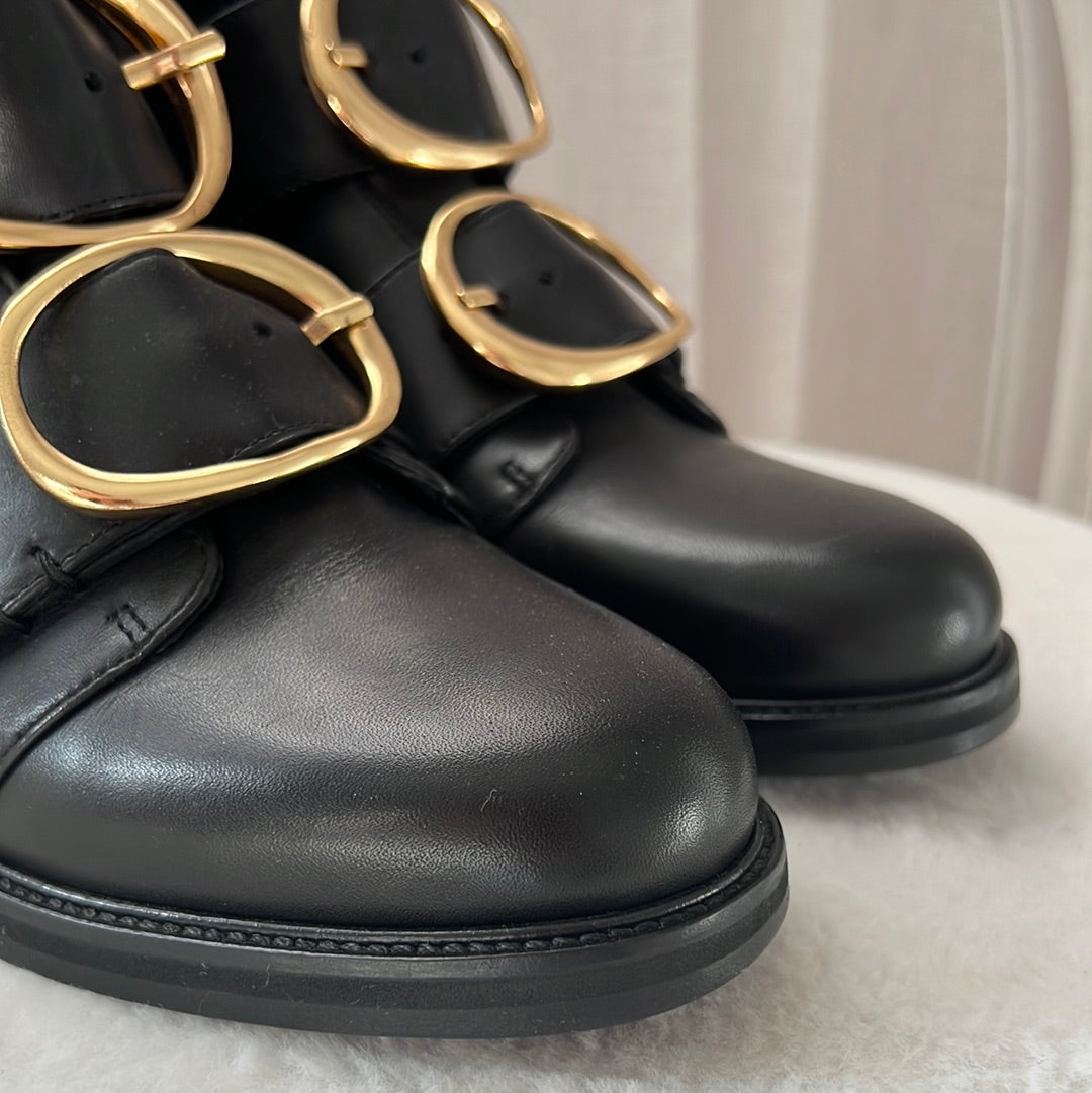 Maje Black Boots with Gold Ring Buckles, 37