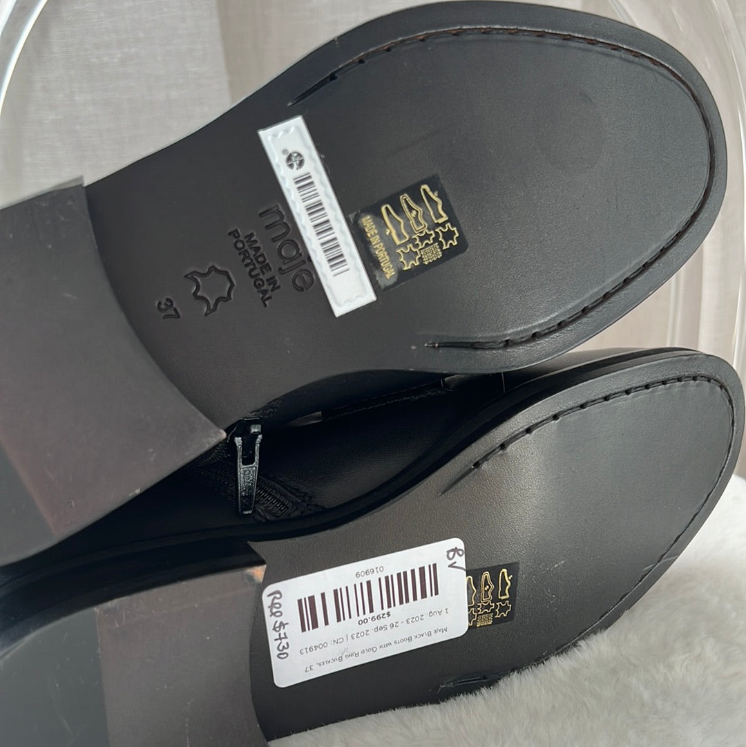 Maje Black Boots with Gold Ring Buckles, 37