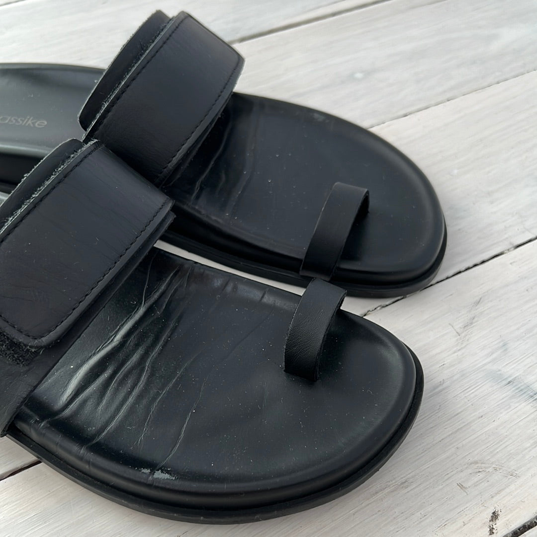 bassike Black Leather Velcro Sandals, 38