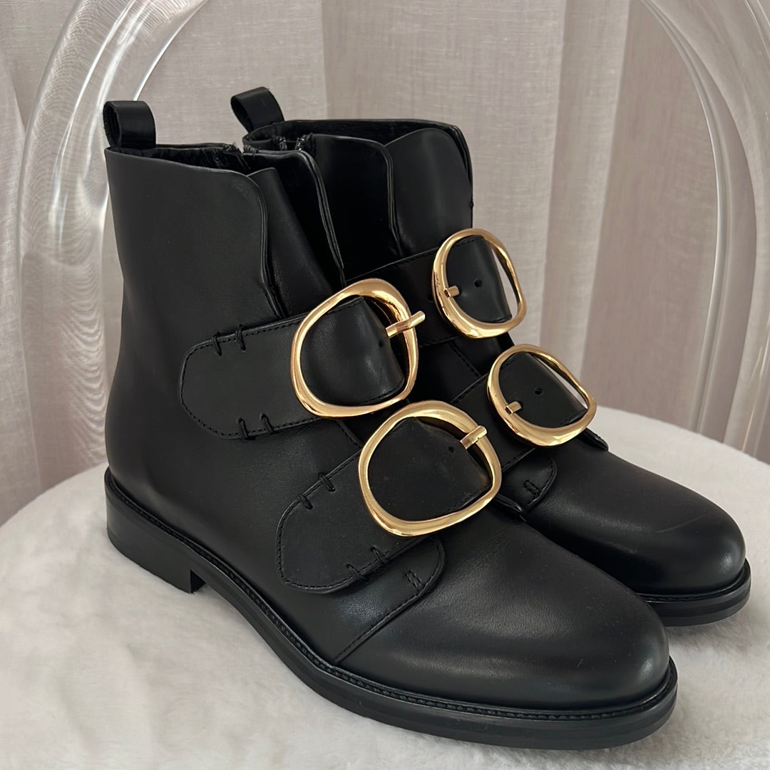 Maje Black Boots with Gold Ring Buckles, 37