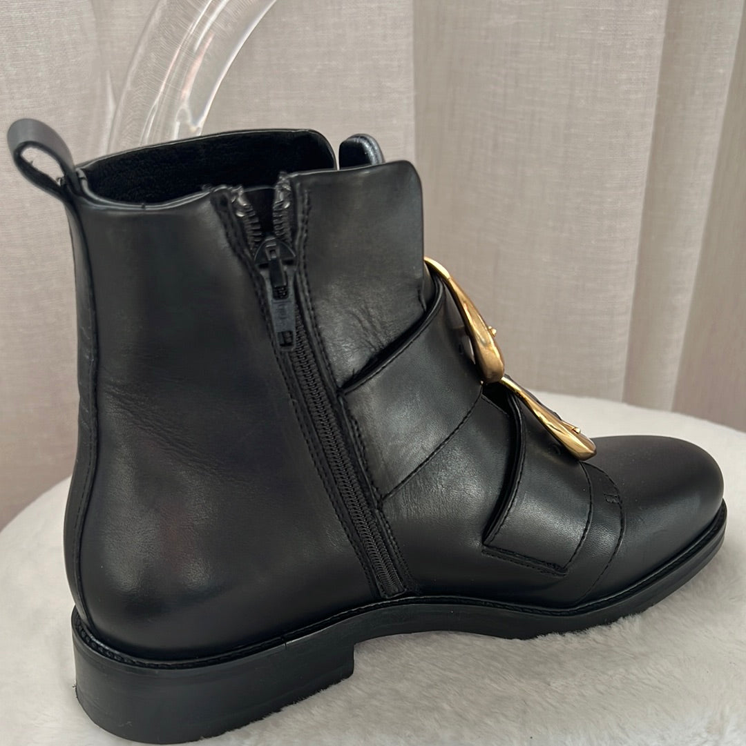 Maje Black Boots with Gold Ring Buckles, 37