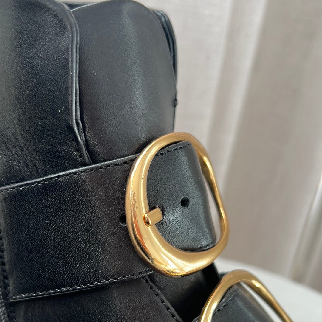 Maje Black Boots with Gold Ring Buckles, 37