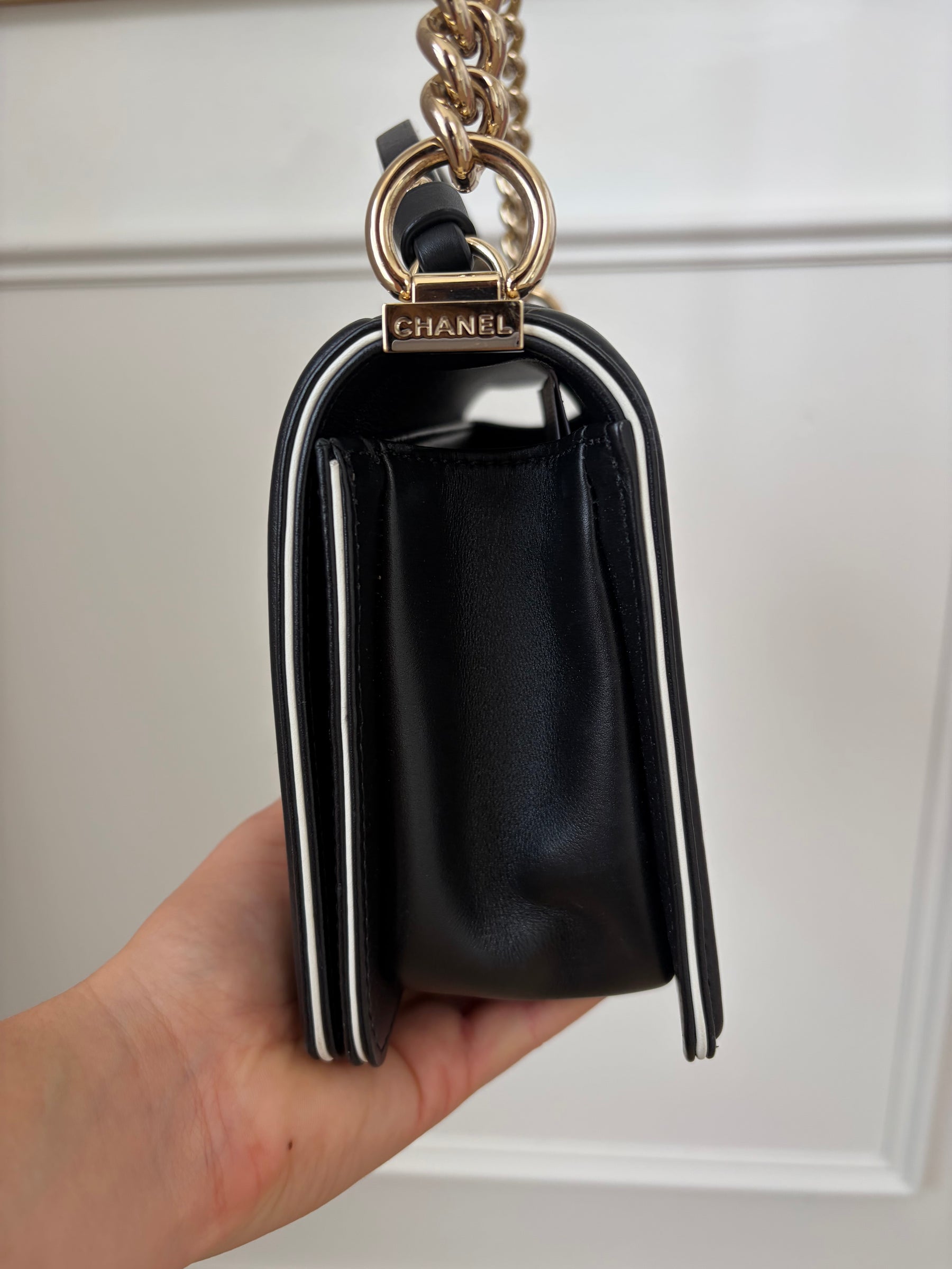 Chanel Black Quilted Top Handle Boy Bag with White Trim GHW