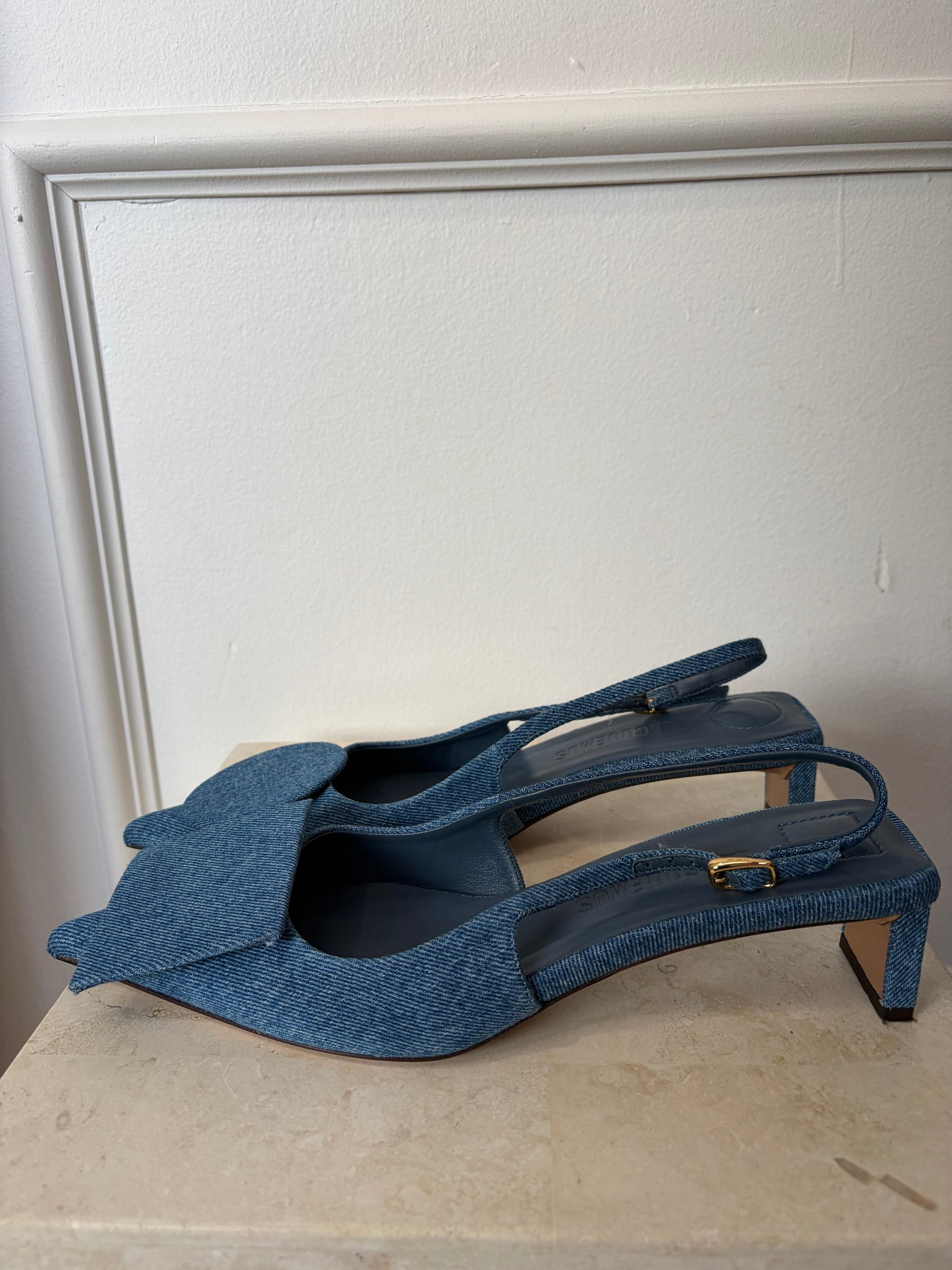 Jacquemus Denim Texture Pointed Slingback Heels, 39