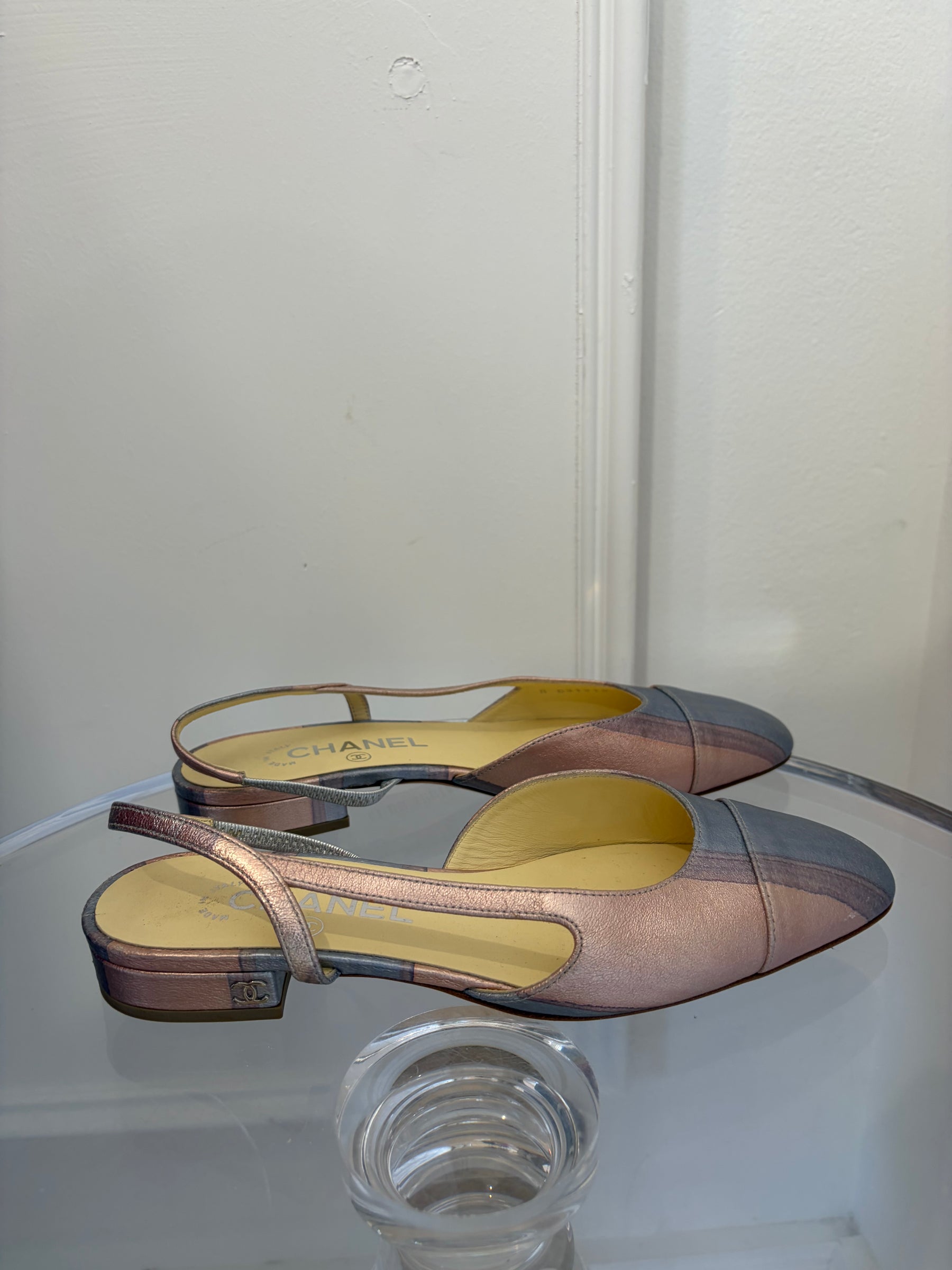 Chanel Pink and Lilac Metallic Slingbacks Flats, 37 C