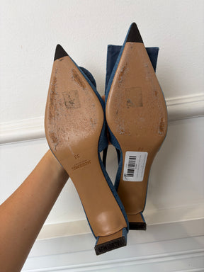 Jacquemus Denim Texture Pointed Slingback Heels, 39