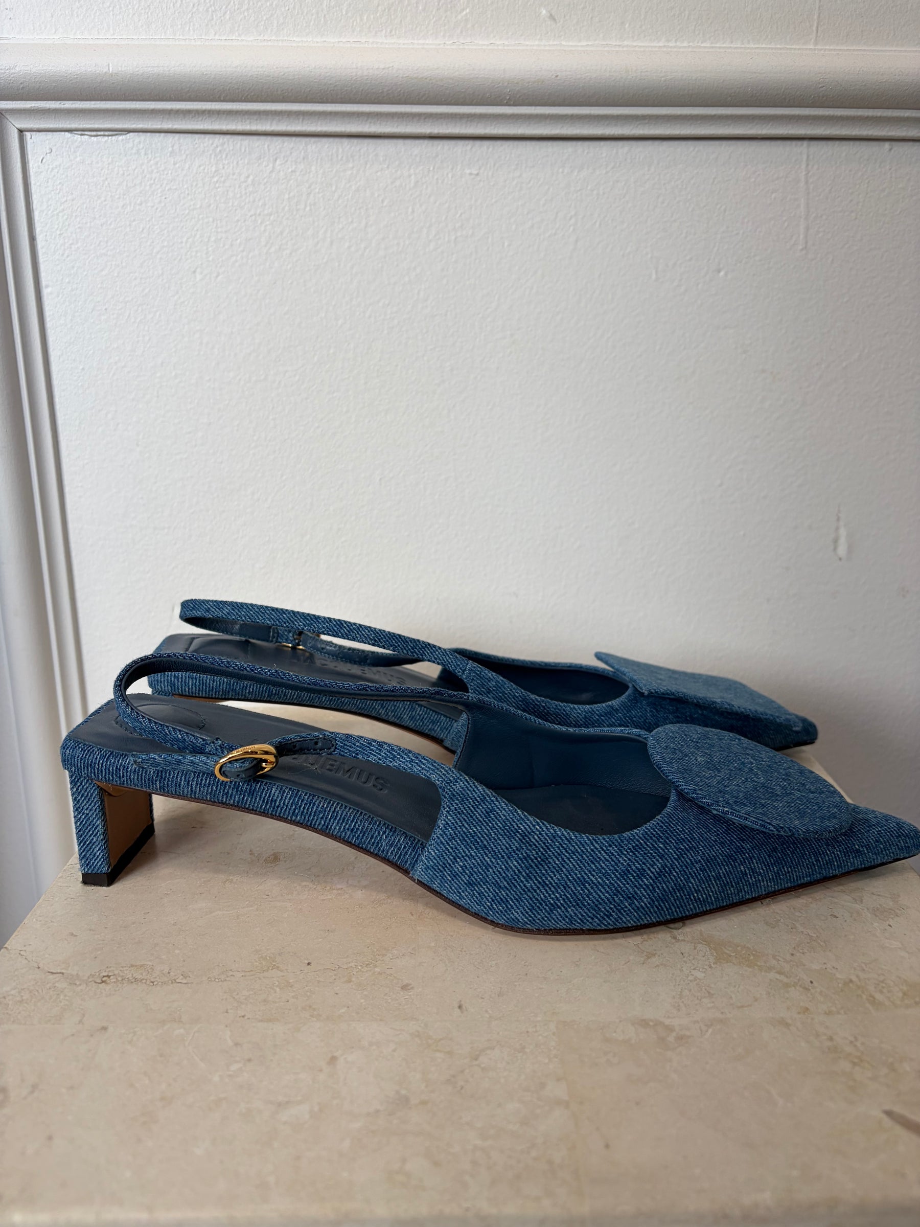 Jacquemus Denim Texture Pointed Slingback Heels, 39