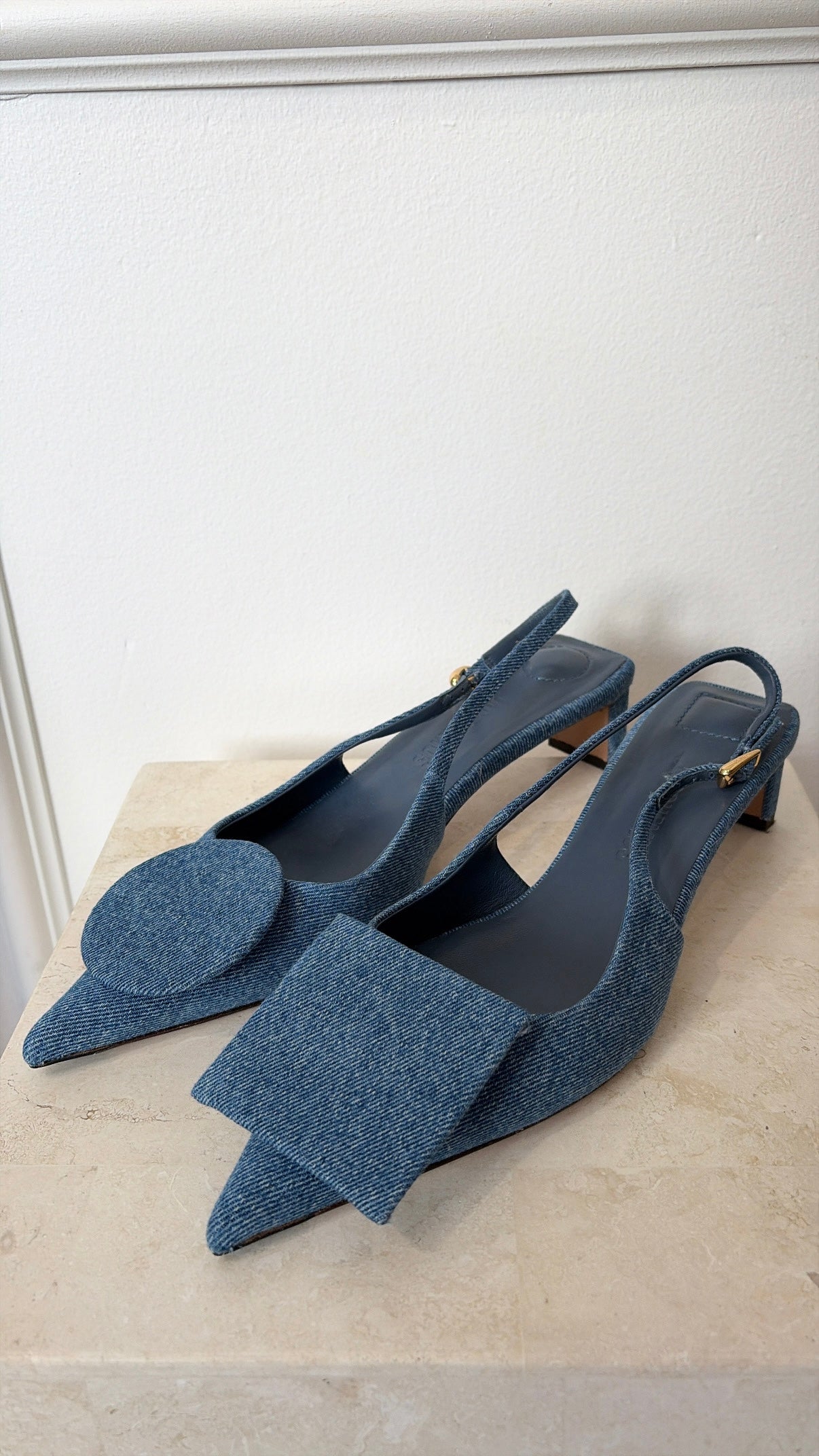 Jacquemus Denim Texture Pointed Slingback Heels, 39