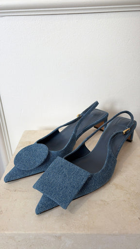 Jacquemus Denim Texture Pointed Slingback Heels, 39