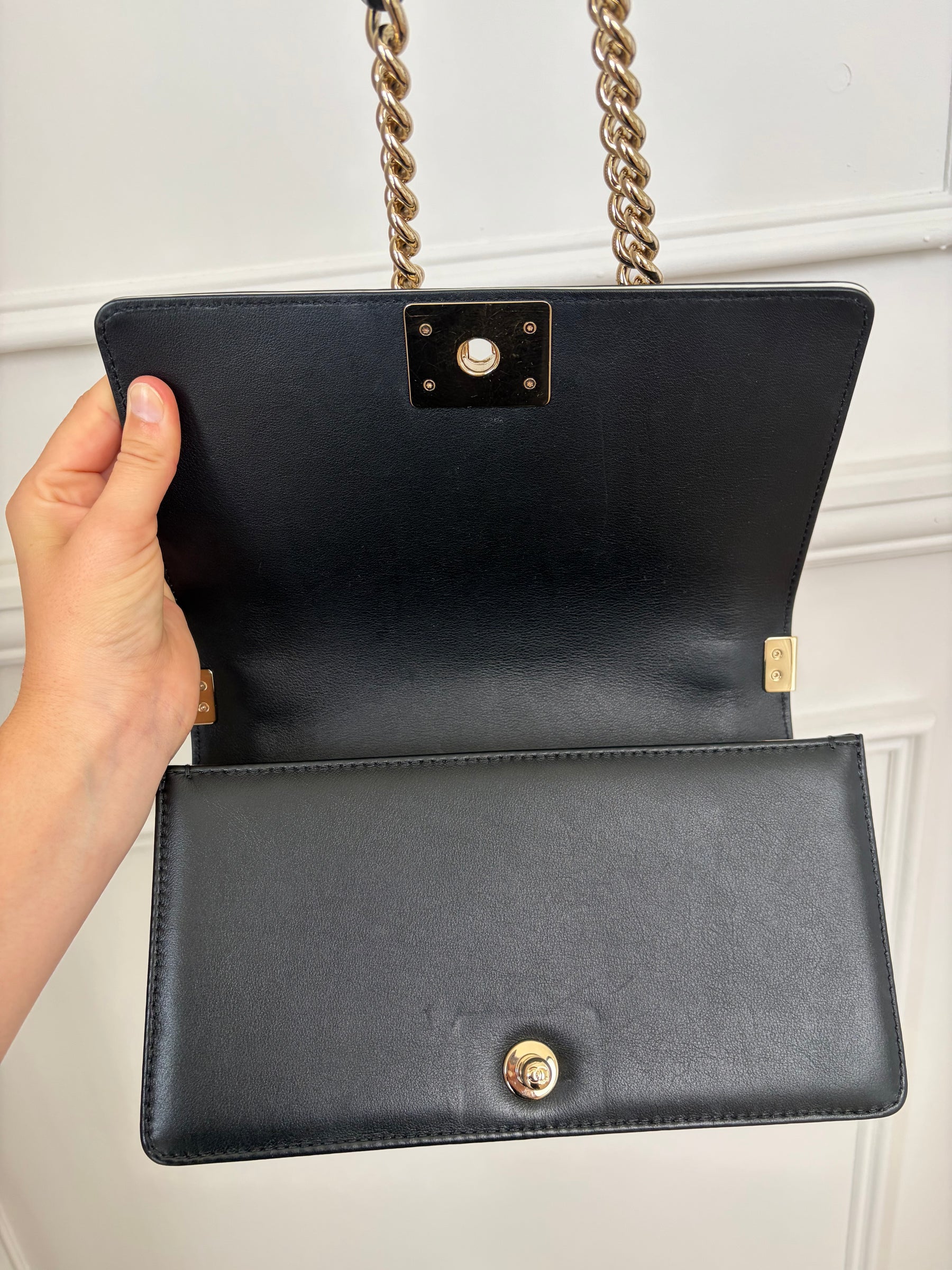 Chanel Black Quilted Top Handle Boy Bag with White Trim GHW
