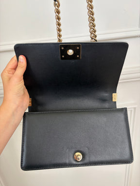 Chanel Black Quilted Top Handle Boy Bag with White Trim GHW