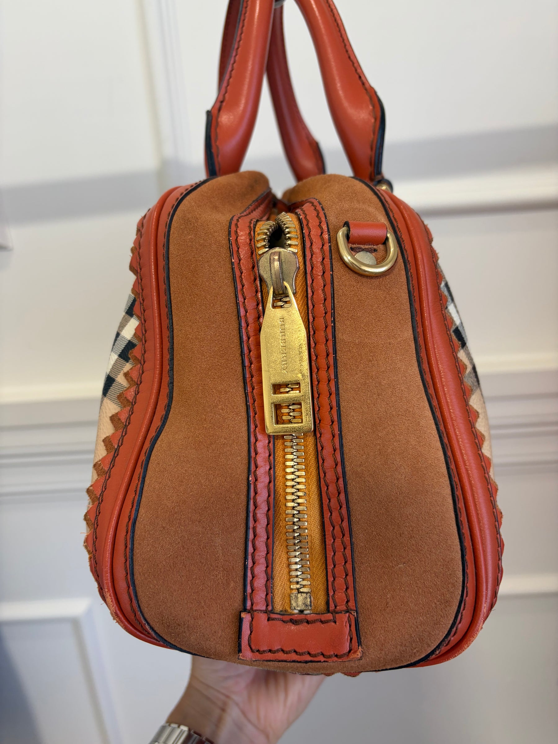 Burberry Orange Leather and Suede and Coated Canvas Tassel Bowling Bag,