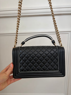Chanel Black Quilted Top Handle Boy Bag with White Trim GHW