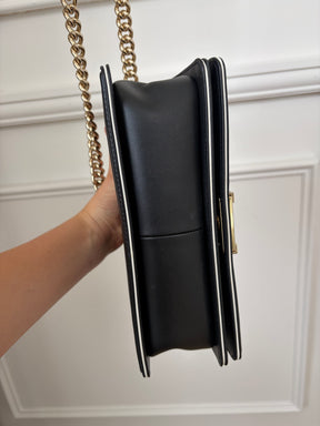 Chanel Black Quilted Top Handle Boy Bag with White Trim GHW
