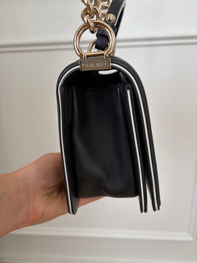 Chanel Black Quilted Top Handle Boy Bag with White Trim GHW