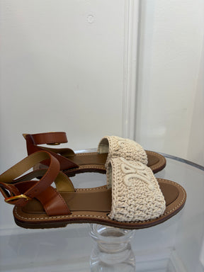 Celine Cream Crochet Logo Ankle Strap Sandals, 38