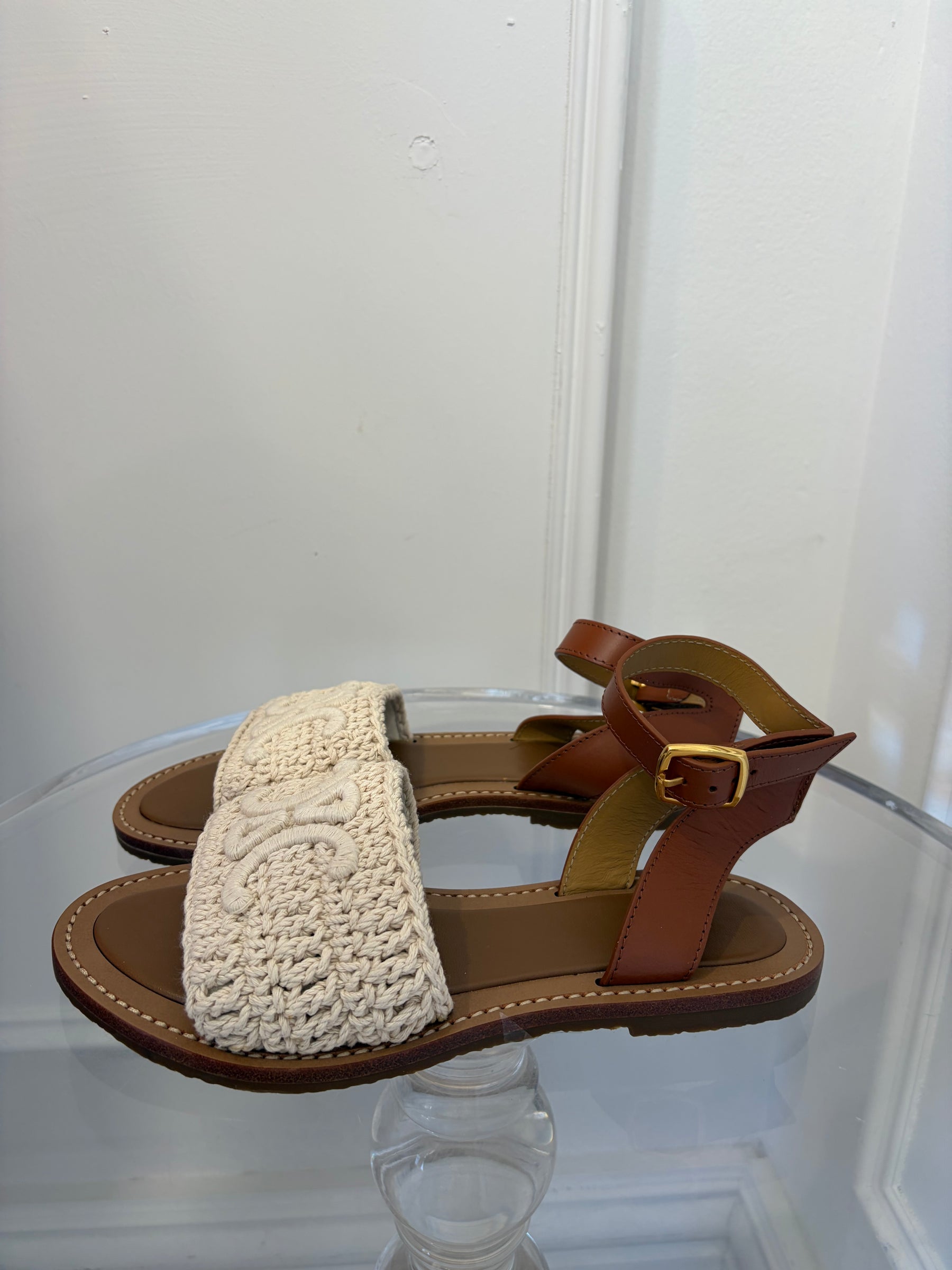 Celine Cream Crochet Logo Ankle Strap Sandals, 38
