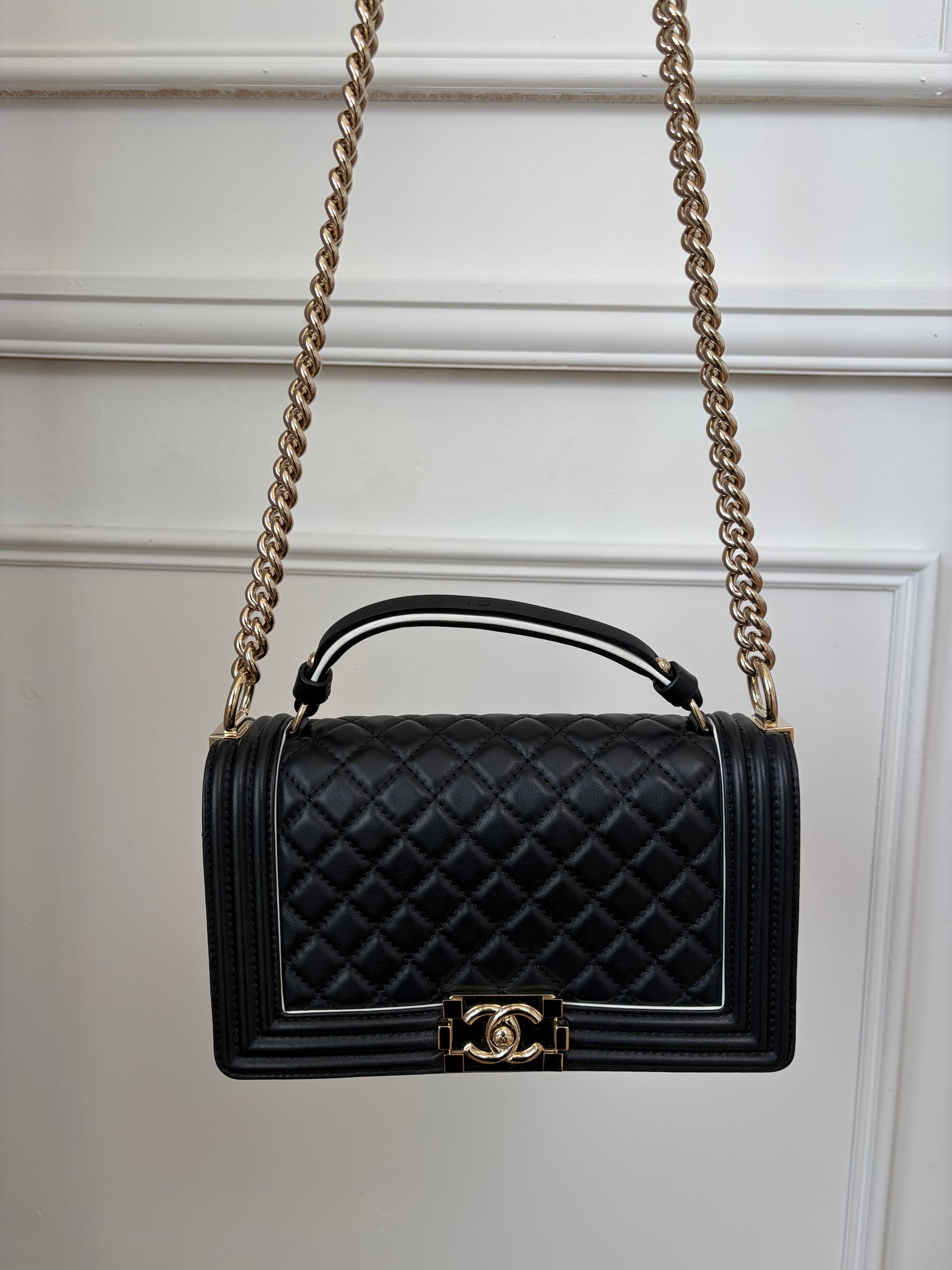 Chanel Black Quilted Top Handle Boy Bag with White Trim GHW
