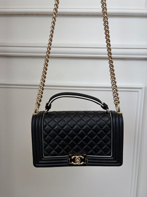 Chanel Black Quilted Top Handle Boy Bag with White Trim GHW