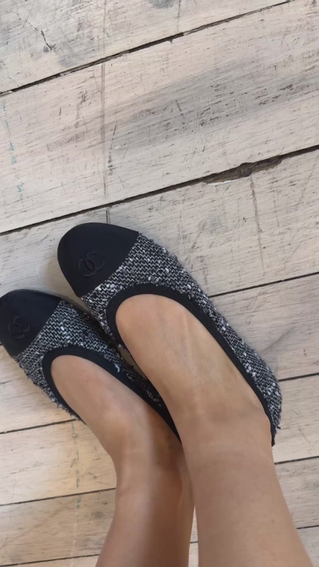 Chanel Black and Grey Tweed Scrunched Ballet Flats, 36
