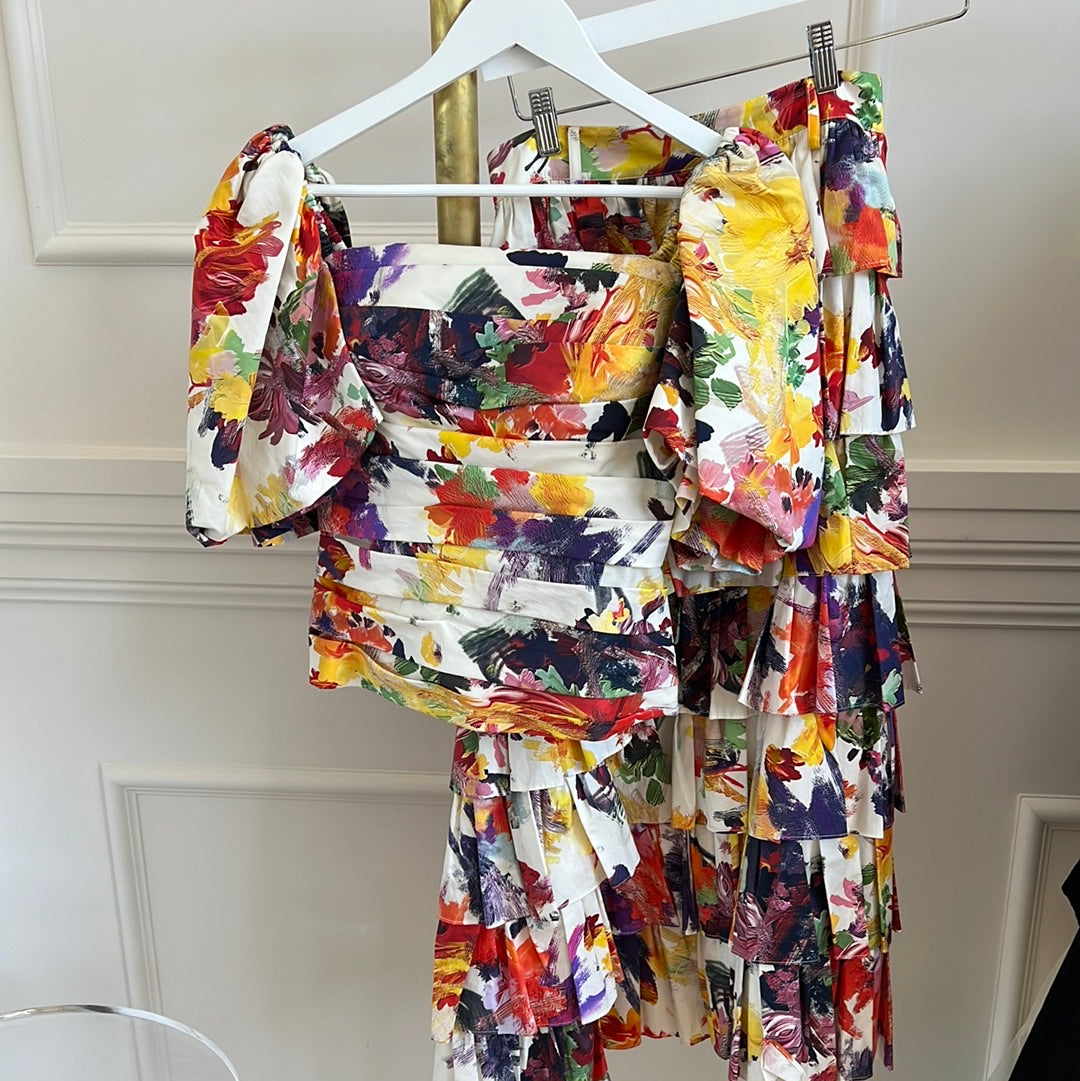 Leo Lin Multi Water Lilies 'Poise' Bodice Top and Ruffle Skirt Set + Belt, 8