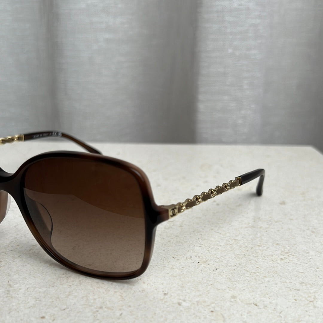 Chanel Latte Square Frame Sunglasses With Gold Tone Hardware