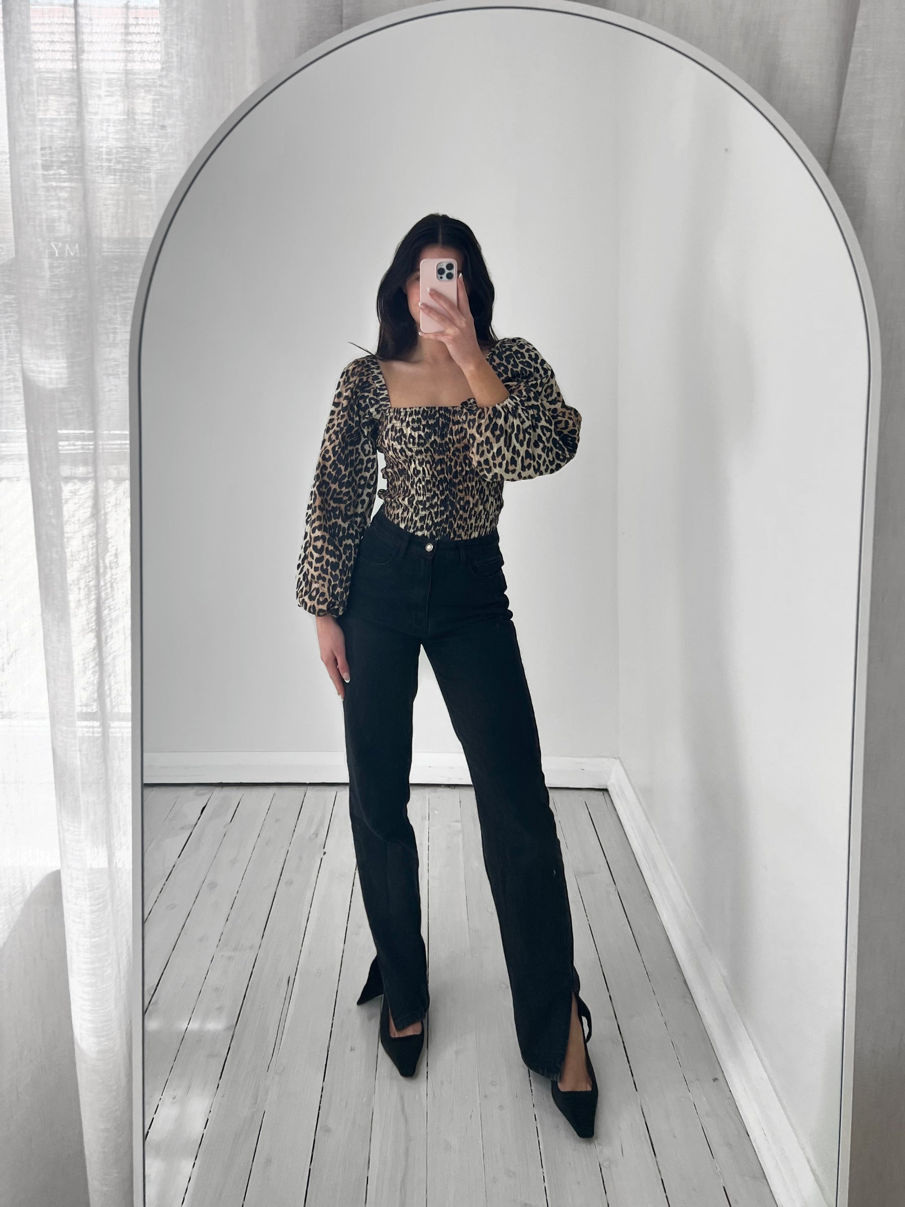 Ganni leopard print Long Sleeve ruched square neck top , size 34 (au6)