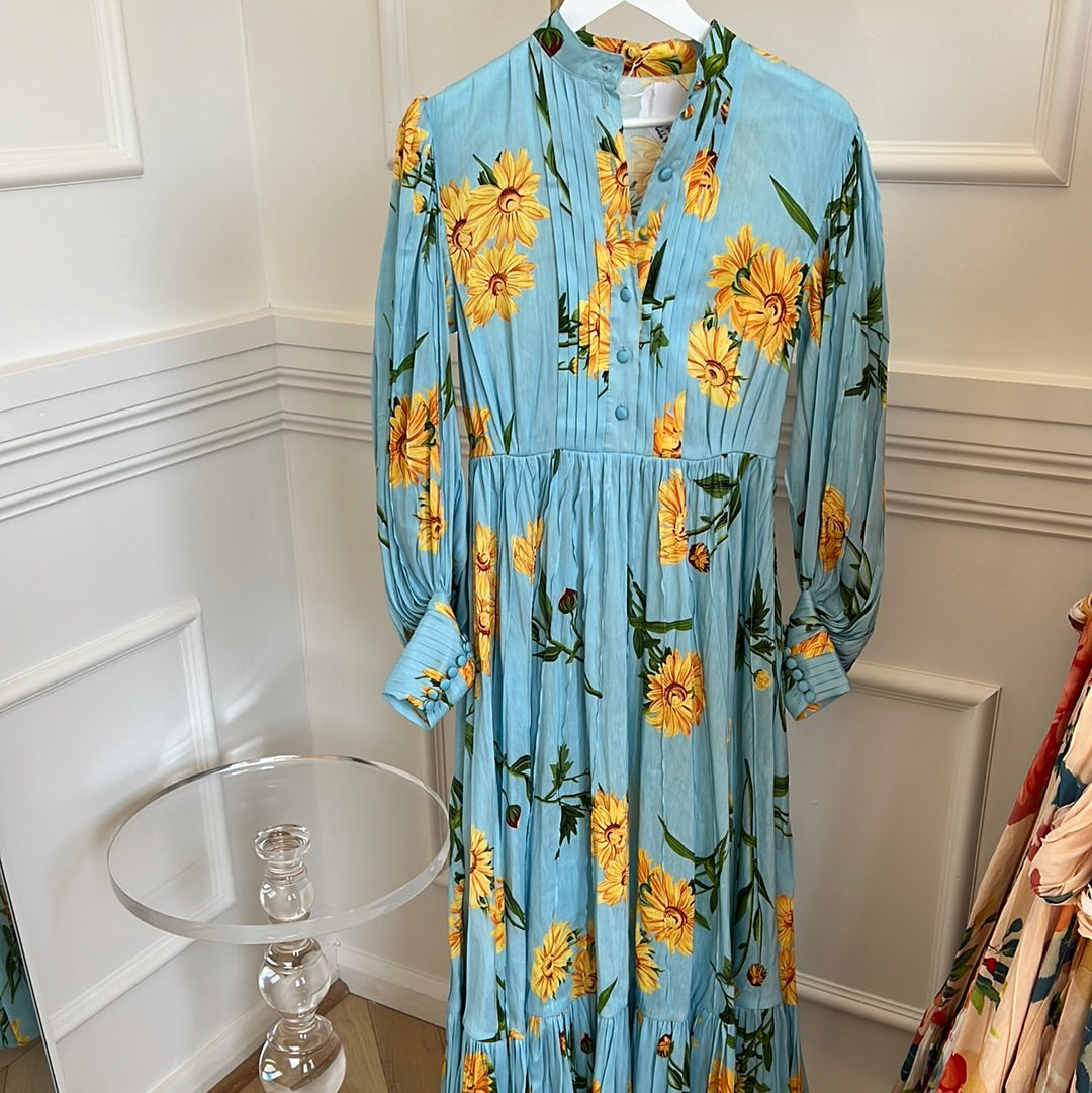 Leo Lin Marguerite Bleu Yellow Floral Long Sleeve Silk Linen Dress + Slip + Belt, 8